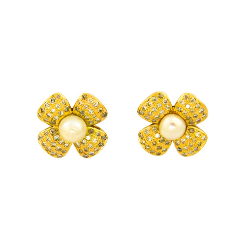 Ohrstecker Blumen aus 750 Gelbgold mit Perle und Brillant, nachhaltiger second hand Schmuck perfekt aufgearbeitet