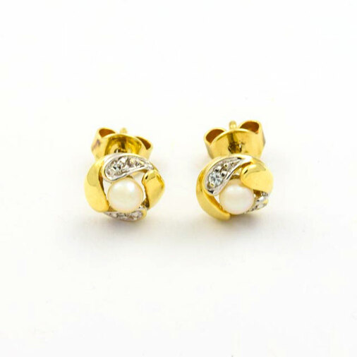Perlenohrstecker aus 585 Gelb- und Weißgold mit Diamant, nachhaltiger second hand Schmuck perfekt aufgearbeitet