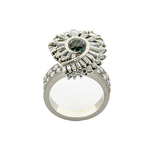 Entourage-Ring aus 750 Weißgold mit Turmalin, Diamant und Brillant, nachhaltiger second hand Schmuck perfekt aufgearbeitet