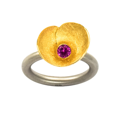Pur Ring Goldblüte aus 750 Edelstahl/Gold mit synth. Stein, nachhaltiger second hand Schmuck perfekt aufgearbeitet