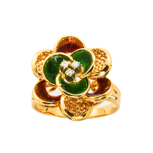 Ring Blume aus 750 Gelb- und Weißgold mit Diamant, nachhaltiger second hand Schmuck perfekt aufgearbeitet