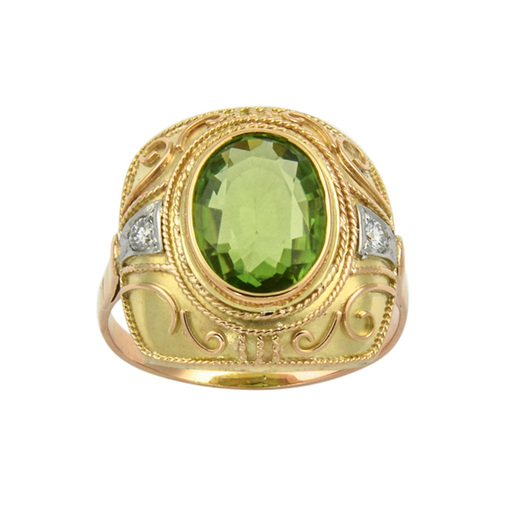 Ring aus 585 Gelb- und Weißgold mit Peridot und Brillant, nachhaltiger second hand Schmuck perfekt aufgearbeitet
