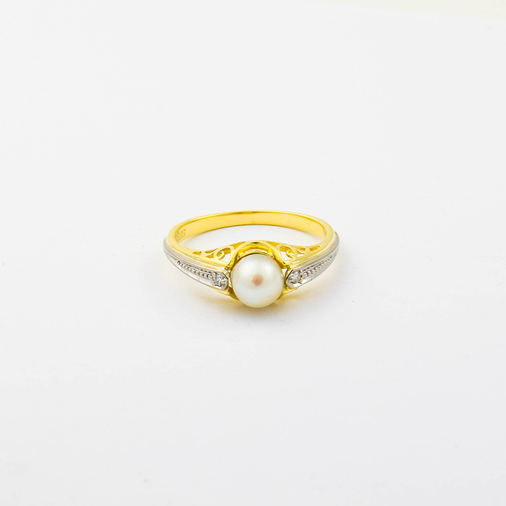 Perlenring aus 585 Gelb- und Weißgold mit Diamant, nachhaltiger second hand Schmuck perfekt aufgearbeitet