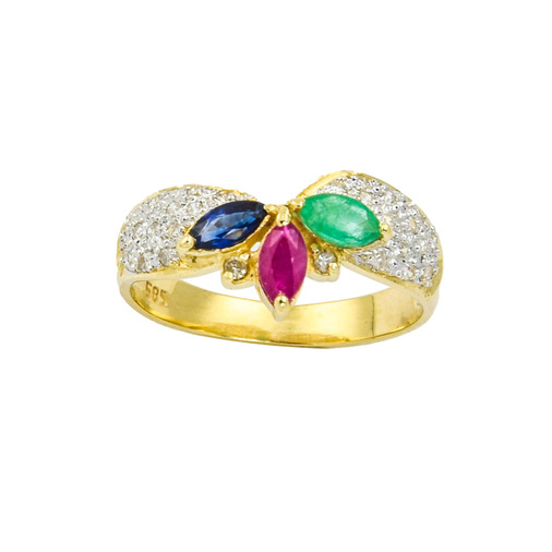Ring aus 585 Gelb- und Weißgold mit Rubin, Saphir und Smaragd, nachhaltiger second hand Schmuck perfekt aufgearbeitet