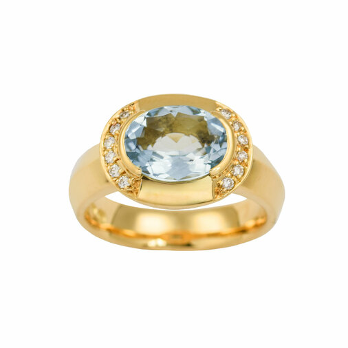 Ring aus 750 Gelbgold mit Aquamarin und Brillant, nachhaltiger second hand Schmuck perfekt aufgearbeitet