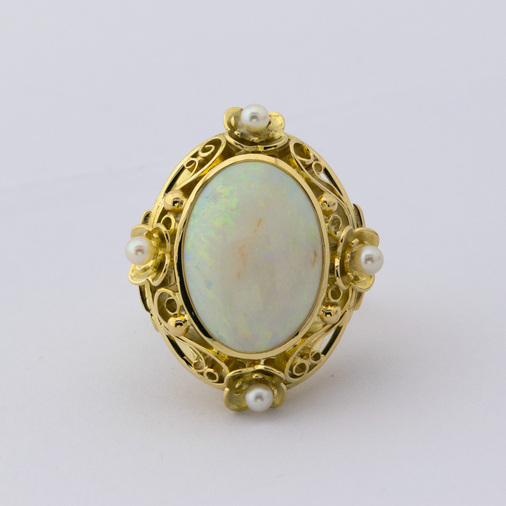 Ring aus 585 Gelbgold mit Opal und Perle, hochwertiger second hand Schmuck perfekt aufgearbeitet