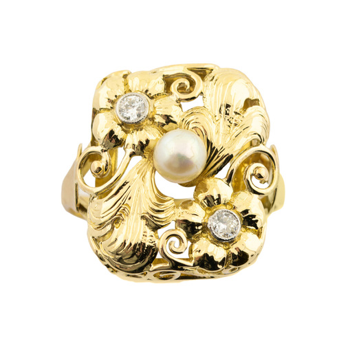 Ring aus 585 Gelbgold mit Perle und Brillant, nachhaltiger second hand Schmuck perfekt aufgearbeitet