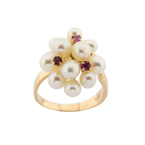 Ring aus 585 Gelbgold mit Perle und Rubin, vintage, nachhaltiger second hand Schmuck perfekt aufgearbeitet