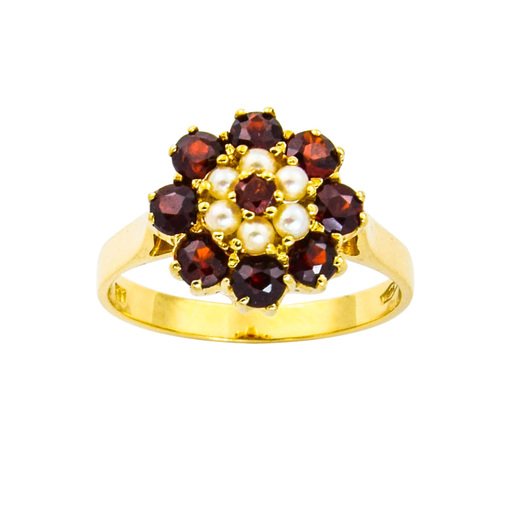 Granatring aus 585 Gelbgold mit Perle, nachhaltiger second hand Schmuck perfekt aufgearbeitet