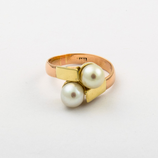 Ring aus 585 Gelb- und Roségold mit Perle, nachhaltiger second hand Schmuck perfekt aufgearbeitet