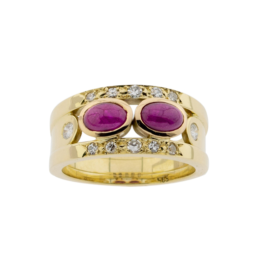 Ring aus 585 Gelbgold mit Rubin, Brillant und Diamant, nachhaltiger second hand Schmuck perfekt aufgearbeitet