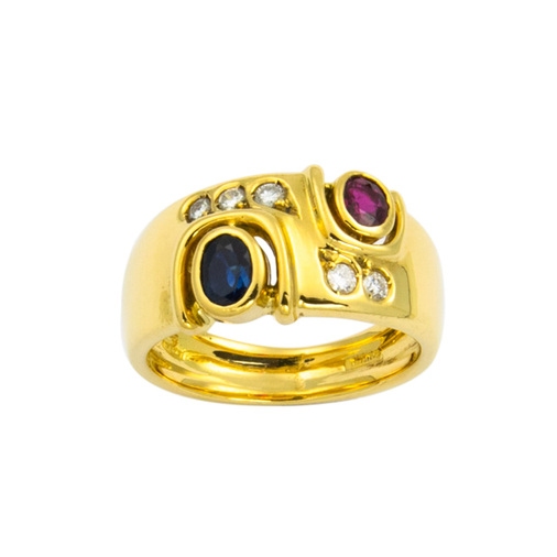 Ring aus 750 Gelbgold mit Rubin, Saphir und Brillant, nachhaltiger second hand Schmuck perfekt aufgearbeitet