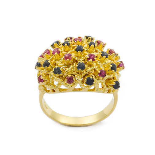 Ring aus 750 Gelbgold mit Rubin und Saphir, nachhaltiger second hand Schmuck perfekt aufgearbeitet