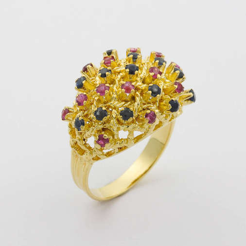 Ring aus 750 Gelbgold mit Rubin und Saphir, hochwertiger second hand Schmuck perfekt aufgearbeitet