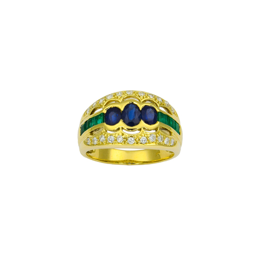Ring aus 585 Gelbgold mit Saphir, Smaragd und Brillant, nachhaltiger second hand Schmuck perfekt aufgearbeitet