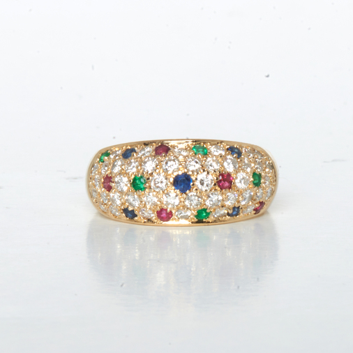 Ring aus 585 Gelbgold mit Smaragd, Saphir und Rubin, nachhaltiger second hand Schmuck perfekt aufgearbeitet