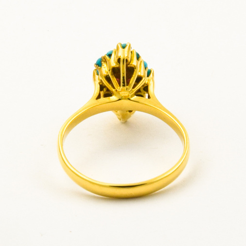 Ring aus 750 Gelbgold mit Türkis und Rubin, nachhaltiger second hand Schmuck perfekt aufgearbeitet