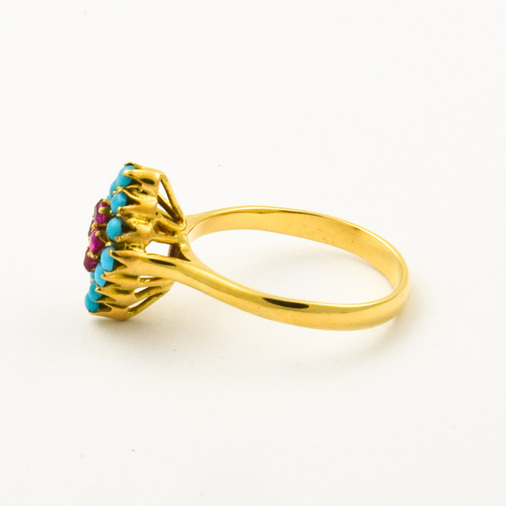 Ring aus 750 Gelbgold mit Türkis und Rubin, nachhaltiger second hand Schmuck perfekt aufgearbeitet