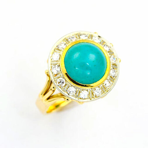 Ring aus 585 Gelbgold mit Türkis und Diamant, nachhaltiger second hand Schmuck perfekt aufgearbeitet