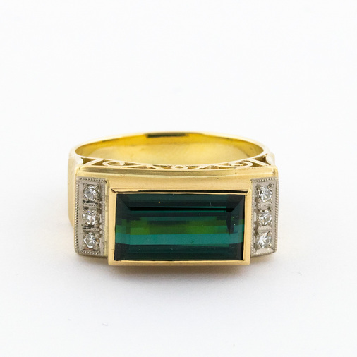 Ring aus 585 Gelbgold mit Turmalin und Diamant, Handarbeit, nachhaltiger second hand Schmuck perfekt aufgearbeitet