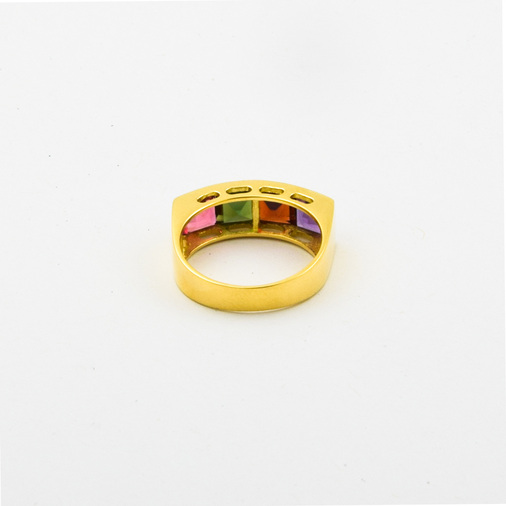 Ring aus 750 Gelbgold mit Turmalin, Granat und Amethyst, nachhaltiger second hand Schmuck perfekt aufgearbeitet