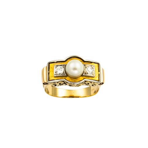 Ring aus 585 Gelb- und Weißgold mit Brillant und Perle, hochwertiger second hand Schmuck perfekt aufgearbeitet