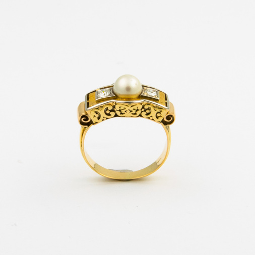 Ring aus 585 Gelb- und Weißgold mit Brillant und Perle, hochwertiger second hand Schmuck perfekt aufgearbeitet