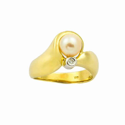 Perlenring aus 585 Gelb- und Weißgold mit Brillant, nachhaltiger second hand Schmuck perfekt aufgearbeitet