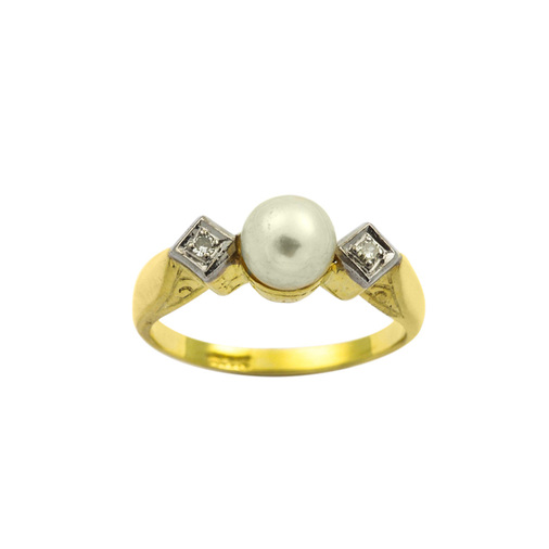 Ring aus 585 Gelb- und Weißgold mit Perle und Diamant, hochwertiger second hand Schmuck perfekt aufgearbeitet