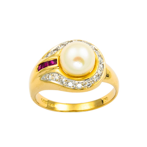 Ring aus 585 Gelb- und Weißgold mit Perle, Rubin und Brillant, nachhaltiger second hand Schmuck perfekt aufgearbeitet