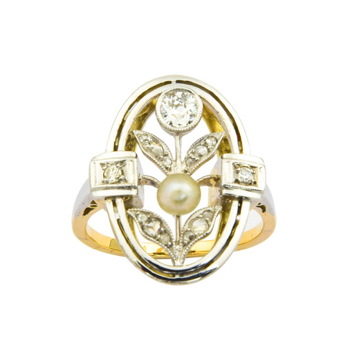 Ring aus 585 Gelb- und Weißgold mit Perle, Brillant und Diamant, nachhaltiger second hand Schmuck perfekt aufgearbeitet