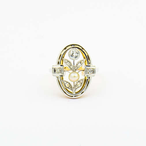 Ring aus 585 Gelb- und Weißgold mit Perle, Brillant und Diamant, nachhaltiger second hand Schmuck perfekt aufgearbeitet