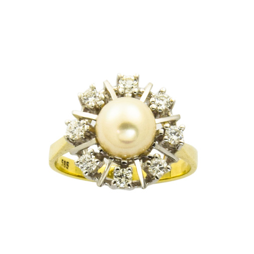 Ring aus 585 Gelb- und Weißgold mit Perle und Brillant, nachhaltiger second hand Schmuck perfekt aufgearbeitet