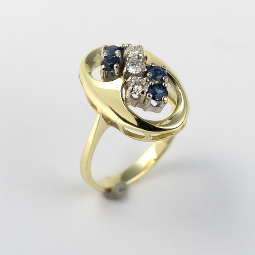 Ring aus 585 Gelb- und Weißgold mit Saphir und Diamant, hochwertiger second hand Schmuck perfekt aufgearbeitet