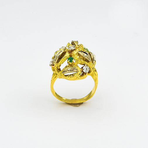 Ring aus 750 Gelb- und Weißgold mit Smaragd, Brillant und Diamant, nachhaltiger second hand Schmuck perfekt aufgearbeitet