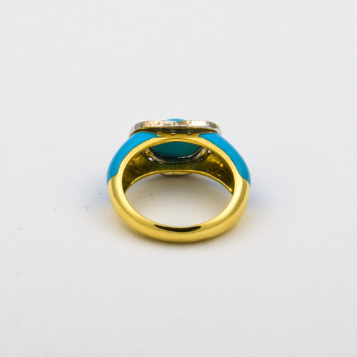 Ring aus 750 Gelb- und Weißgold mit Türkis und Diamant, nachhaltiger second hand Schmuck perfekt aufgearbeitet