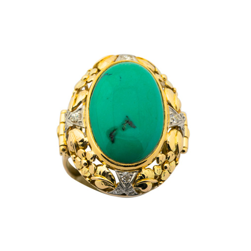 Ring aus 585 Gelb- und Weißgold mit Türkis und Diamant, hochwertiger second hand Schmuck perfekt aufgearbeitet