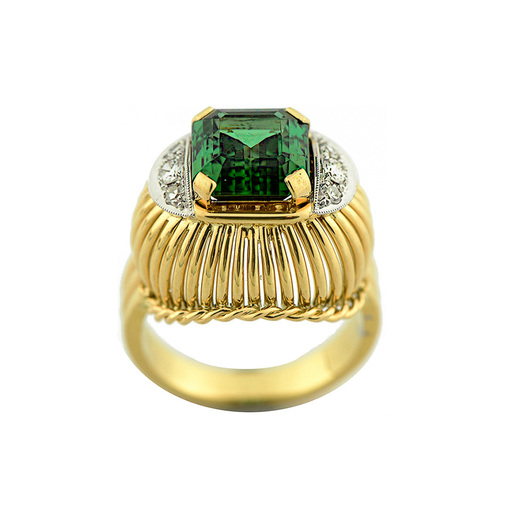 Ring aus 750 Gelb- und Weißgold mit Turmalin, Brillant und Diamant, hochwertiger second hand Schmuck perfekt aufgearbeitet