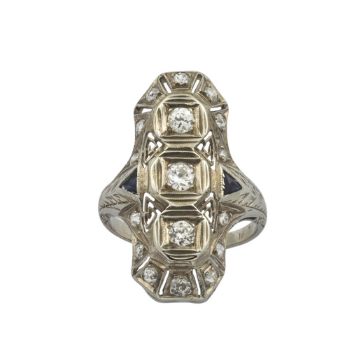 Ring aus Platin mit Saphir und Brillant, hochwertiger second hand Schmuck perfekt aufgearbeitet