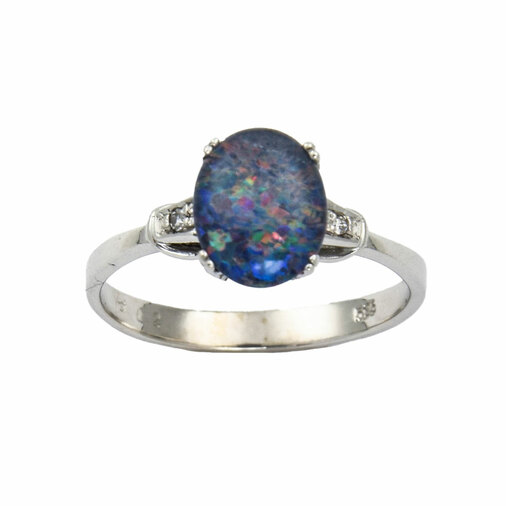 Ring aus 585 Weißgold mit Opal und Diamant, nachhaltiger second hand Schmuck perfekt aufgearbeitet