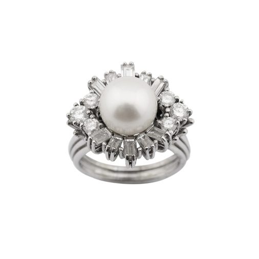 Ring aus 750 Weißgold mit Perle, Brillant und Diamant, hochwertiger second hand Schmuck perfekt aufgearbeitet