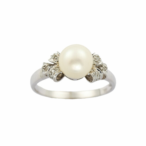 Perlenring aus 585 Weißgold mit Diamant, nachhaltiger second hand Schmuck perfekt aufgearbeitet