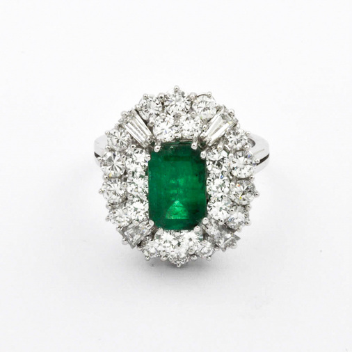 Ring aus 750 Weißgold mit Smaragd, Brillant und Diamant, hochwertiger second hand Schmuck perfekt aufgearbeitet
