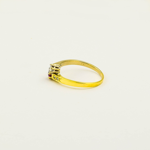 Toi-et-Moi Ring aus 585 Gelb- und Weißgold mit Rubin, Brillant und Diamant, nachhaltiger second hand Schmuck perfekt aufgearbeitet