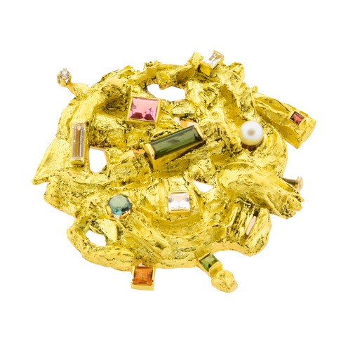 A. Frühauf Brosche aus 750 Gelbgold mit Turmalin, Bergkristall und Citrin, nachhaltiger second hand Schmuck perfekt aufgearbeitet