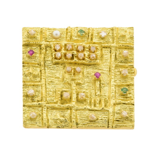 A. Frühauf Brosche aus 750 Gelbgold mit Rubin, Smaragd und Perle, nachhaltiger second hand Schmuck perfekt aufgearbeitet