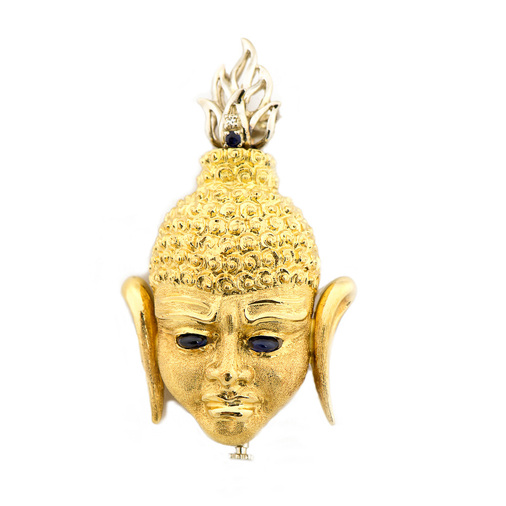 Brosche Buddha aus 750 Gelb- und Weißgold mit Saphir und Diamant, hochwertiger second hand Schmuck perfekt aufgearbeitet