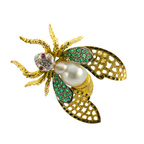 Brosche Fliege aus 585 Gelb- und Weißgold mit Perle, Smaragd und Rubin, hochwertiger second hand Schmuck perfekt aufgearbeitet