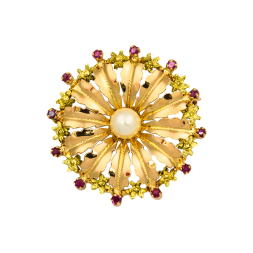 Brosche aus 750 Gelbgold mit Perle und Rubin, nachhaltiger second hand Schmuck perfekt aufgearbeitet