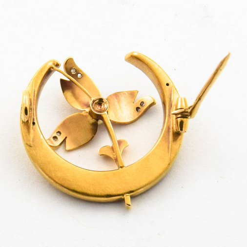 Brosche aus 750 Gelbgold mit Perle und Diamant, nachhaltiger second hand Schmuck perfekt aufgearbeitet